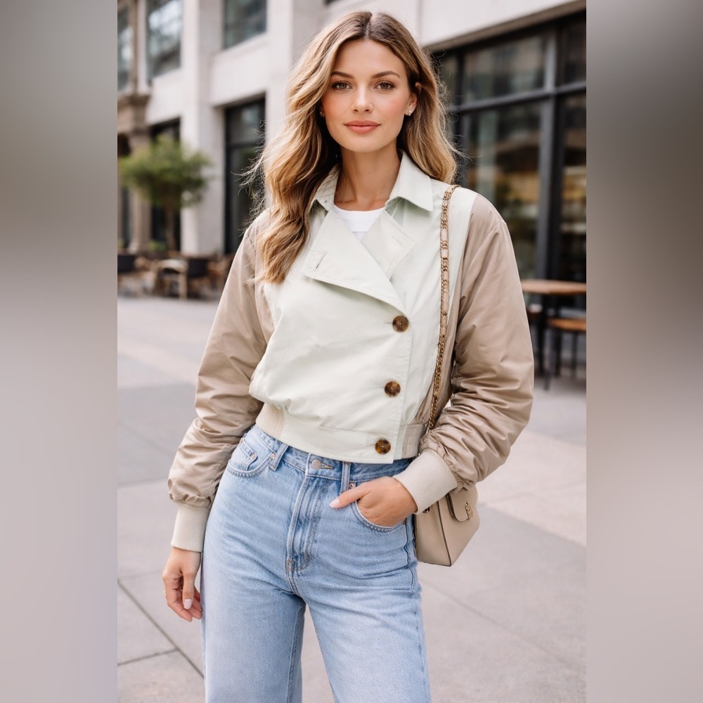 YAYA WOMEN Bomber jacket with trenchcoat details pleated sleeves NWT size 6